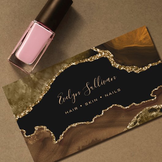 elegante waterverf bruine agate op zwart visitekaartje