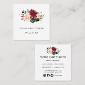 Elegante Waterverf Burgundy Bloemen Make-up Arties Vierkante Visitekaartje (Voorkant / Achterkant)