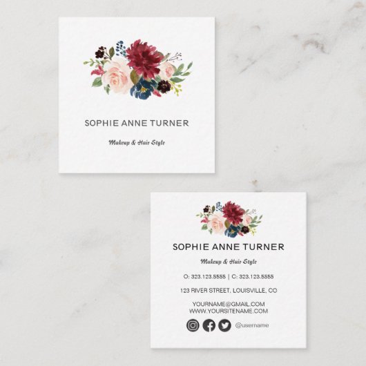 Elegante Waterverf Burgundy Bloemen Make-up Arties Vierkante Visitekaartje (Voorkant / Achterkant)