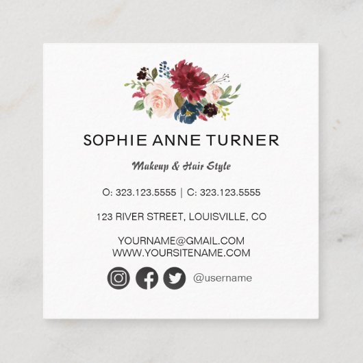 Elegante Waterverf Burgundy Bloemen Make-up Arties Vierkante Visitekaartje (Achterkant)