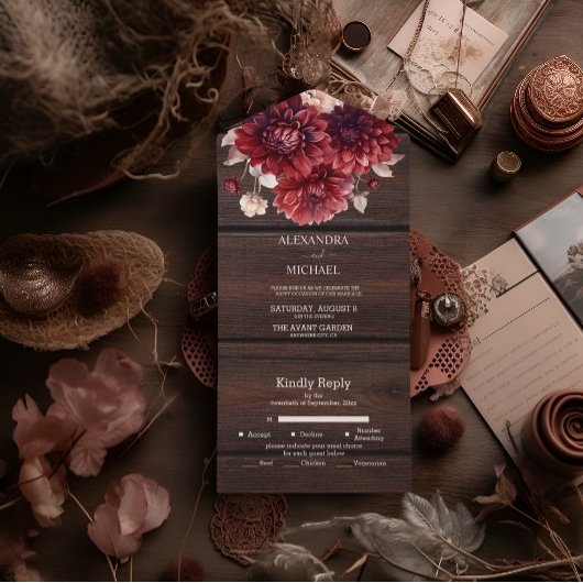 Elegante waterverf burgundy dahlia bruiloft all in one uitnodiging