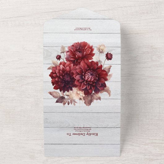 Elegante waterverf burgundy dahlia bruiloft all in one uitnodiging (Buitenkant)