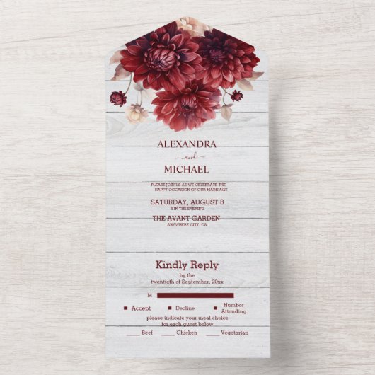 Elegante waterverf burgundy dahlia bruiloft all in one uitnodiging (Binnen)