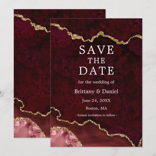 Elegante waterverf burgundy marmer agaat geode save the date (Voorkant / Achterkant)