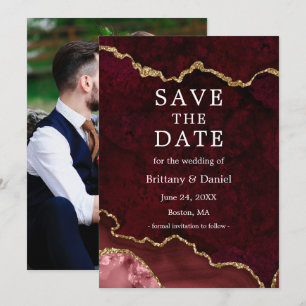Elegante waterverf burgundy marmer geode foto save the date