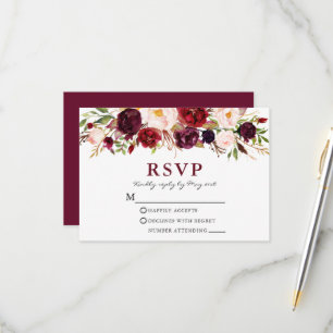 Elegante Waterverf Burgundy Roze Bloemige Trouwdag RSVP Kaartje