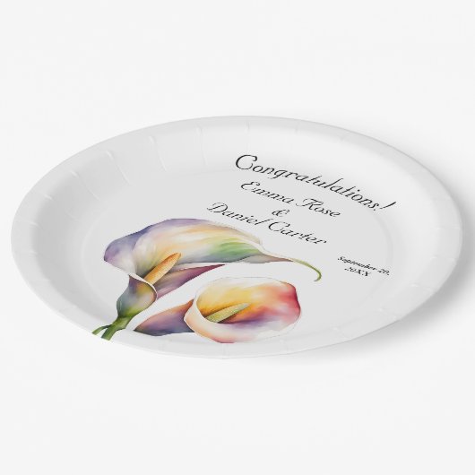 Elegante Waterverf Calla Lelies Romantische Bloeme Papieren Bordje (Gekanteld)
