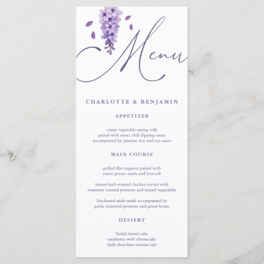 Elegante Waterverf Calligrafie Wisteria Wedding Menu (Voorkant)