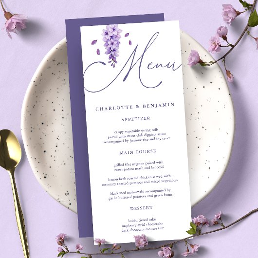 Elegante Waterverf Calligrafie Wisteria Wedding Menu