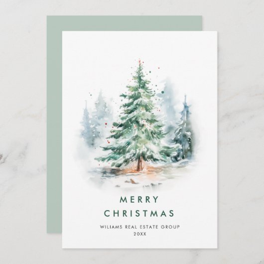 Elegante Waterverf Christmas Pine Tree Corporate Feestdagenkaart (Voorkant / Achterkant)