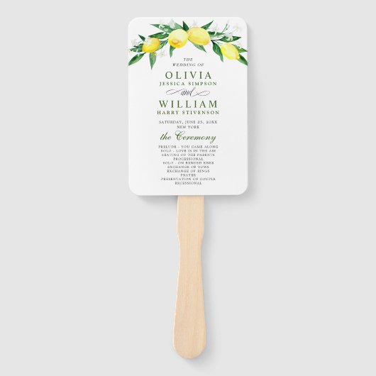 Elegante waterverf citroenen bloeien trouwprogramm handwaaier (Voorkant)