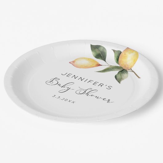 Elegante waterverf citroentje babyshower papieren bordje (Gekanteld)