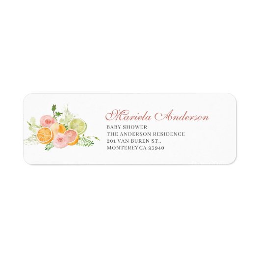 Elegante Waterverf Citrus Pink Flowers Baby shower Etiket (Voorkant)