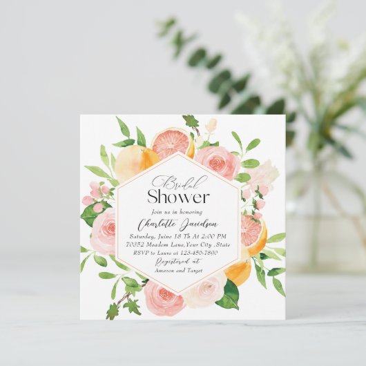 Elegante Waterverf Citrus Pink Flowers Bruids Show Kaart (Staand voorkant)