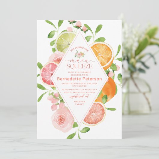 Elegante Waterverf Citrus Pink Flowers Bruidswinke Kaart (Staand voorkant)