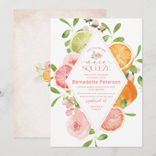 Elegante Waterverf Citrus Pink Flowers Bruidswinke Kaart (Voorkant / Achterkant)