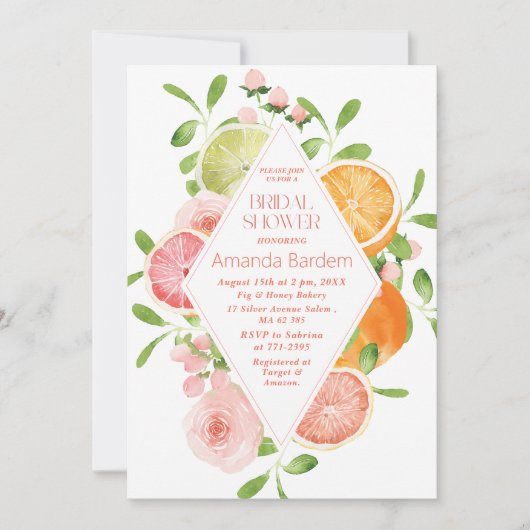 Elegante Waterverf Citrus Pink Flowers bruidswinke Kaart (Voorkant)