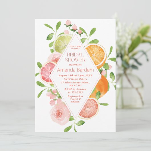 Elegante Waterverf Citrus Pink Flowers bruidswinke Kaart (Staand voorkant)