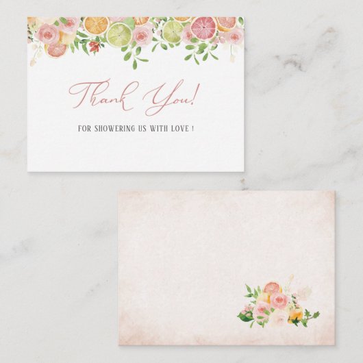 Elegante Waterverf Citrus Pink Flowers Dank u Notitiekaartje (Voorkant / Achterkant)