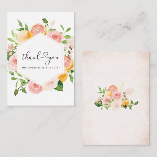 Elegante Waterverf Citrus Pink Flowers Dank u Notitiekaartje (Voorkant / Achterkant)