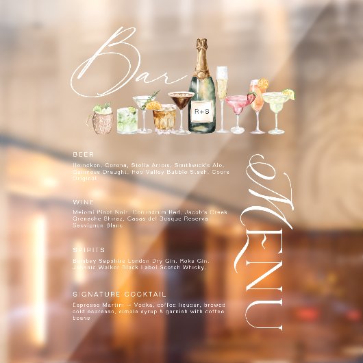 Elegante Waterverf Cocktail Wedding Bar Menu Cling Raamsticker (Vel 2)