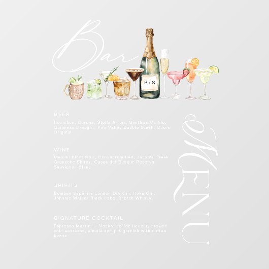 Elegante Waterverf Cocktail Wedding Bar Menu Cling Raamsticker (Vel)
