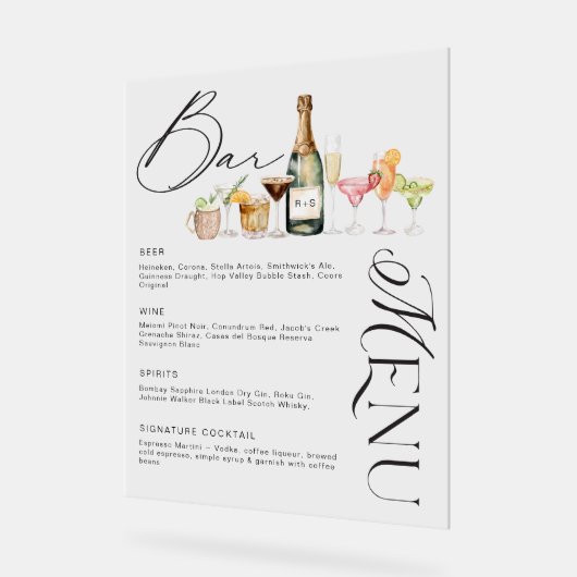 Elegante Waterverf Cocktails Bruiloft Bar Menu Acryl Bord (Hoek)