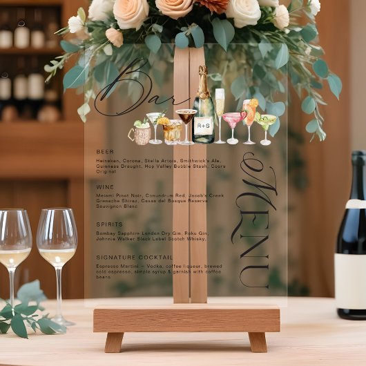 Elegante Waterverf Cocktails Bruiloft Bar Menu Acryl Bord