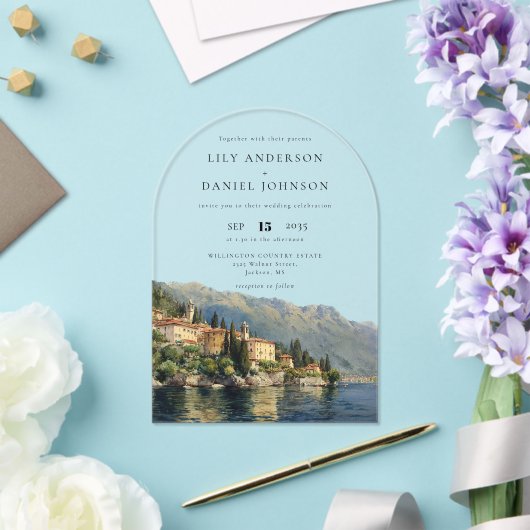 Elegante Waterverf Comomeer Italiaans Trouwboog Acryl Uitnodigingen (Insitu (Huwelijk))