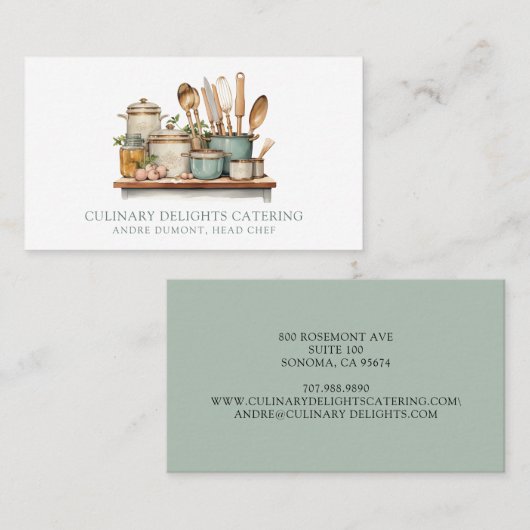 Elegante Waterverf Cook's Table Chef Cateraar Visitekaartje (Voorkant / Achterkant)