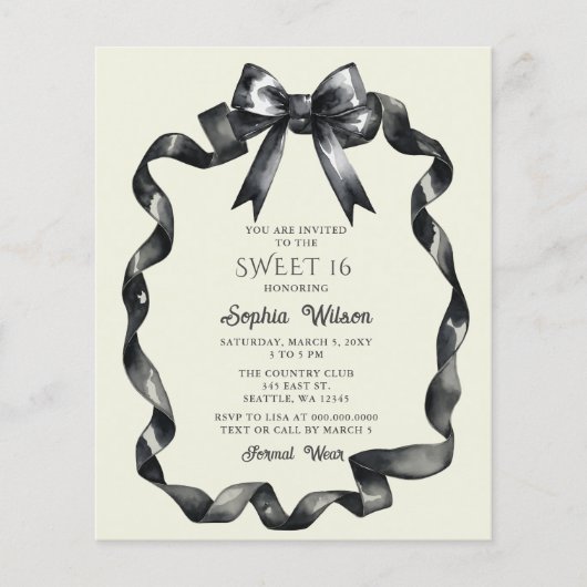 Elegante Waterverf Coquette Black Bow Sweet 16 (Voorkant)
