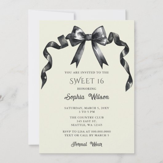 Elegante Waterverf Coquette Black Bow Sweet 16 Kaart (Voorkant)