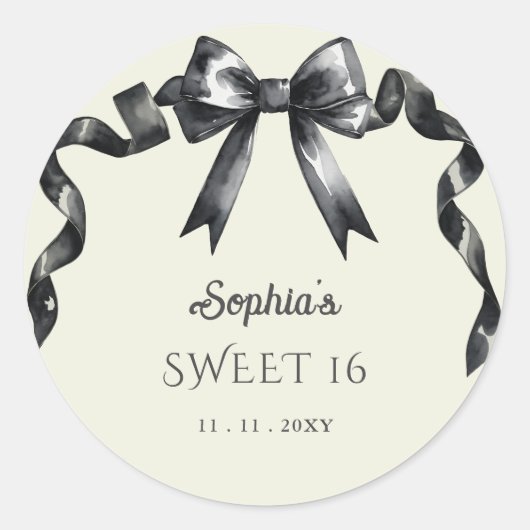 Elegante Waterverf Coquette Black Bow Sweet 16 Ronde Sticker (Voorkant)