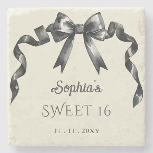 Elegante Waterverf Coquette Black Bow Sweet 16 Stenen Onderzetter (Voorkant)