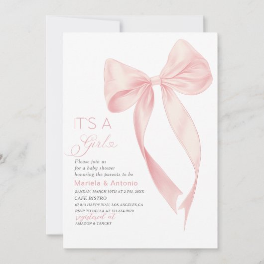 Elegante Waterverf Coquette Roze Bow Girl Baby Sh Kaart (Voorkant)