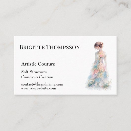 Elegante Waterverf Couture Bruidsmodeontwerper Visitekaartje (Voorkant)