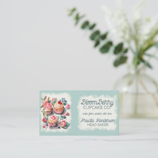 Elegante Waterverf Cupcake Retro Floral Visitekaartje (Staand voorkant)