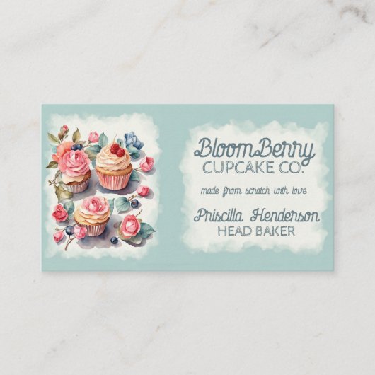 Elegante Waterverf Cupcake Retro Floral Visitekaartje (Voorkant)