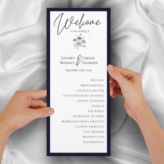 Elegante waterverf dark navy kaligrafie ceremonie programmakaart