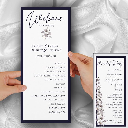 Elegante waterverf dark navy kaligrafie ceremonie programmakaart