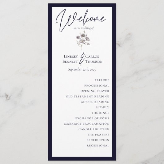 Elegante waterverf dark navy kaligrafie ceremonie programmakaart (Voorkant)