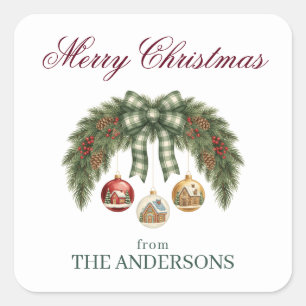 Elegante waterverf dennenboom en bes vrolijk kerst vierkante sticker
