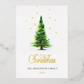 Elegante Waterverf dennenboom kerstgroet Folie Feestdagenkaart (Voorkant)