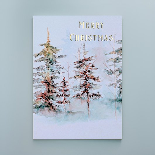 Elegante Waterverf dennenbos Vrolijk kerstfeest Folie Feestdagenkaart