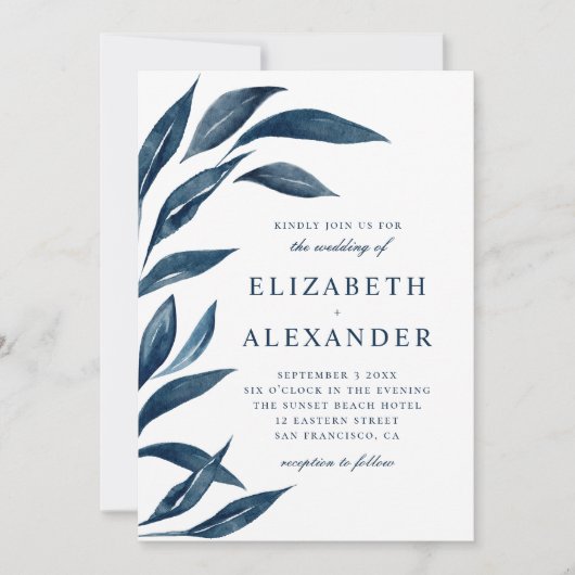 Elegante waterverf donkerblauwe bloemige bladeren  kaart (Voorkant)