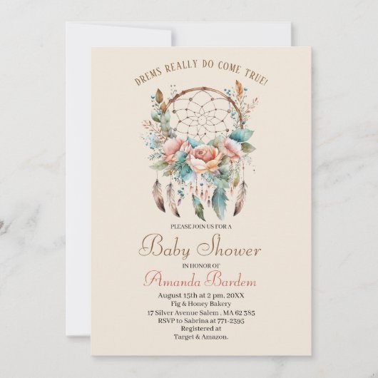 Elegante waterverf droomvanger en bloemetjes kaart (Voorkant)