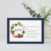 Elegante Waterverf Druivenranken Krans Blauw Bruil RSVP Kaartje (Staand voorkant)