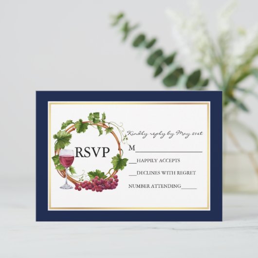 Elegante Waterverf Druivenranken Krans Blauw Bruil RSVP Kaartje (Staand voorkant)