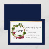Elegante Waterverf Druivenranken Krans Blauw Bruil RSVP Kaartje (Voorkant / Achterkant)