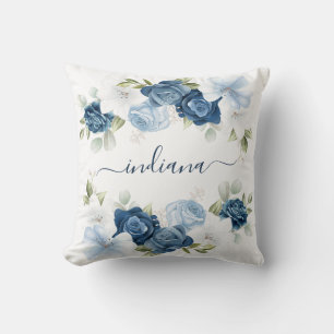 Elegante Waterverf Dusty Blue Floral Monogram Kussen
